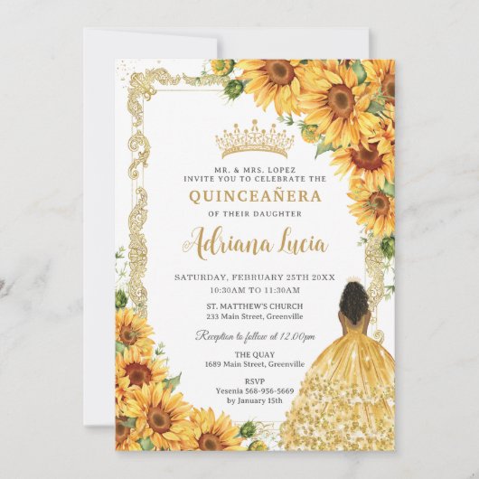 gouden zonnebloem bruin prinses quinceañera kaart (Voorkant)