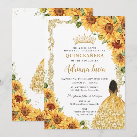  gouden zonnebloem bruin prinses quinceañera kaart (Voorkant / Achterkant)