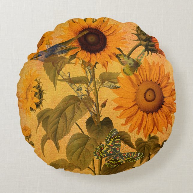  gouden zonnebloem collage rond kussen (Voorkant)