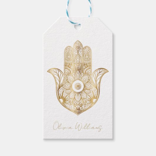 Gouden Zonnebloem Hamsa Hand Cadeaulabel (Voorkant)