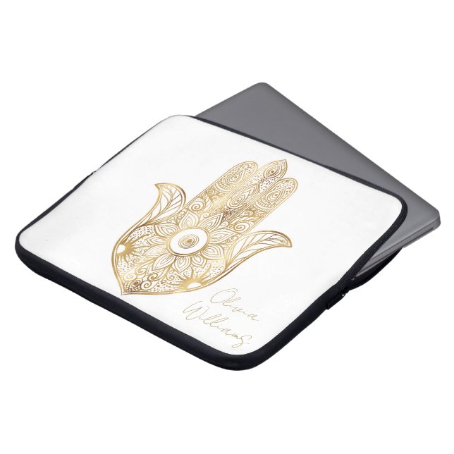 Gouden Zonnebloem Hamsa Hand Laptop Sleeve (Voorkant top)