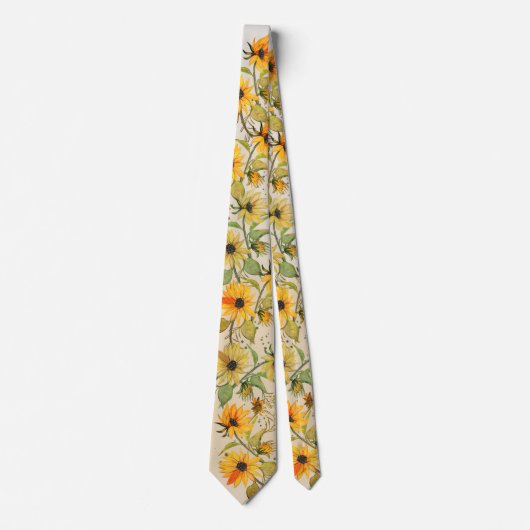 Gouden zonnebloem handgeschilderd op witte stropda stropdas (Voorkant)
