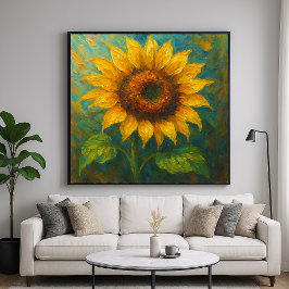 Gouden Zonnebloem - Impasto schilderij Stijl Kunst Poster