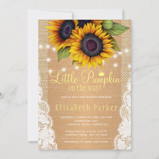 Gouden zonnebloem land burlap en kant baby shower kaart (Voorkant)