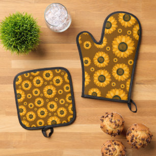 Gouden Zonnebloem Patroon Ovenwant & Pannenlap Set
