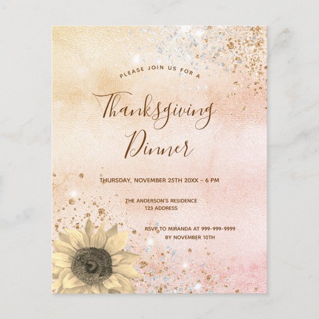 Gouden zonnebloem Thanksgiving Diner uitnodiging (Voorkant)