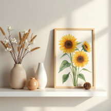 Gouden Zonnebloemen Aquarel Botanische Muurkunst
