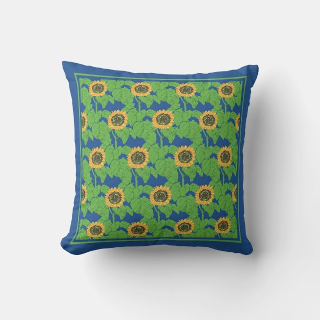 Gouden zonnebloemen Floral Pattern op Bright Blue Kussen (Voorkant)