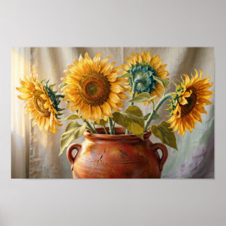 Gouden zonnebloemen in terracotta vaas Fijne Kunst Poster