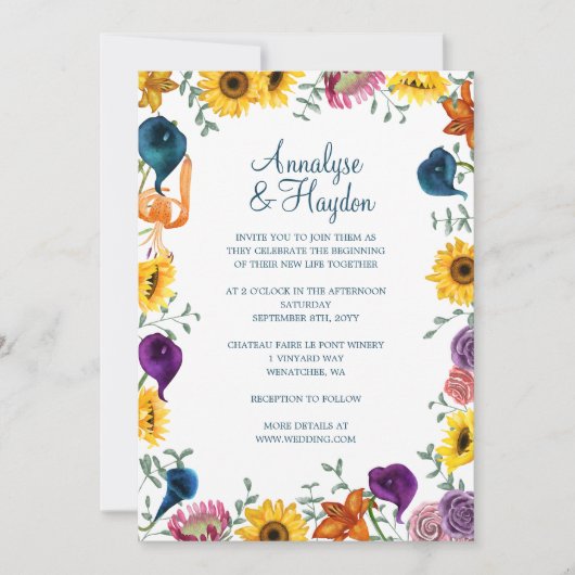 Gouden Zonnebloemen, Marine & Plum Calla Lelies Tr Kaart (Voorkant)