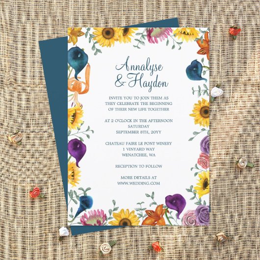 Gouden Zonnebloemen, Marine & Plum Calla Lelies Tr Kaart