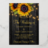 gouden zonnebloemen, plattelandshout folie uitnodiging (Voorkant)