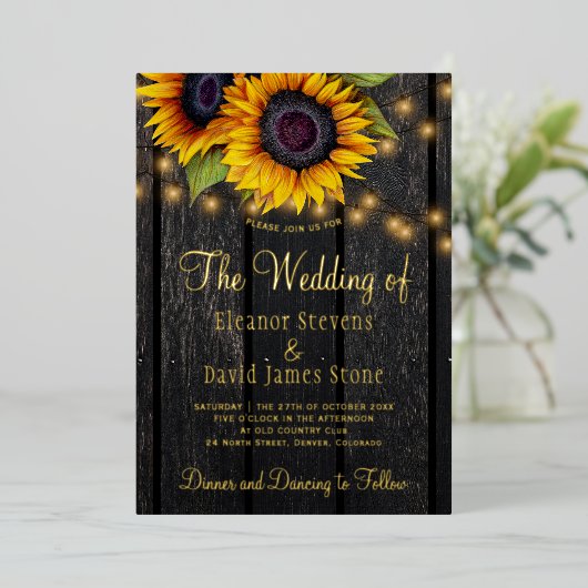 gouden zonnebloemen, plattelandshout folie uitnodiging (Staand Voorkant)