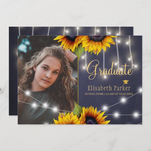 Gouden zonnebloemen rustiek krijtbord afstuderen kaart (Voorkant / Achterkant)
