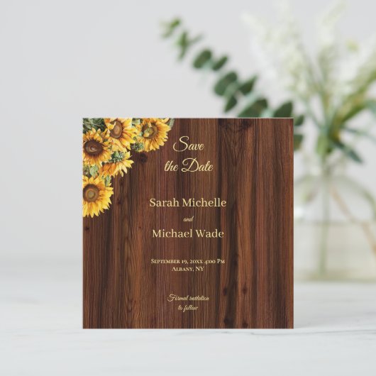 Gouden Zonnebloemen rustiek Save the Date Uitnodig (Staand voorkant)