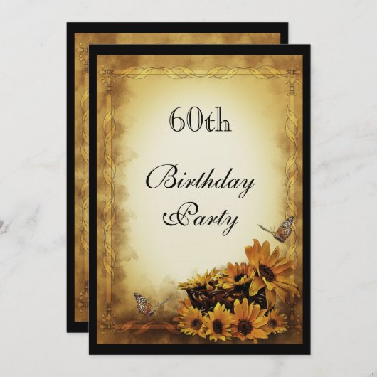Gouden Zonnebloemen & Vlinders 60e Verjaardag Kaart (Voorkant / Achterkant)