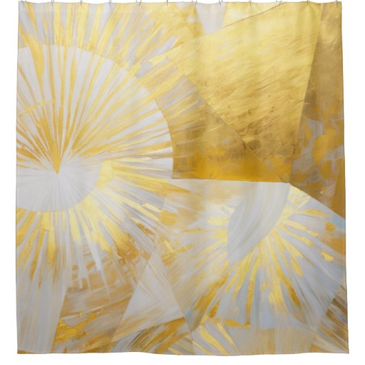 Gouden zonneschijven in zilveren dageraad douchegordijn (Voorkant)