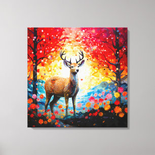 Gouden Zonsondergang Bloemige Herfst Bos Herten Canvas Afdruk