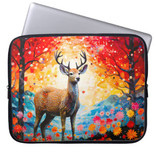 Gouden Zonsondergang Bloemige Herfst Bos Herten Laptop Sleeve