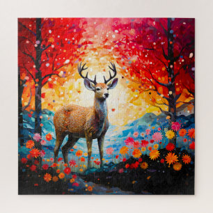 Gouden Zonsondergang Bloemige Herfst Bos Herten Legpuzzel