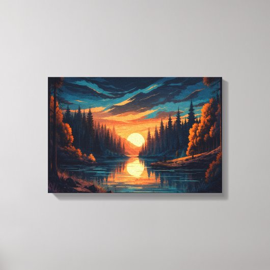 Gouden Zonsondergang Bos Rivier Canvas Muurkunst Afdruk (Voorkant)
