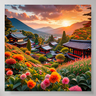 Gouden zonsondergang boven de Japanse bloementuin Poster