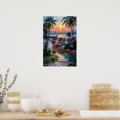 Gouden zonsondergang boven de kuststad poster (Keuken)