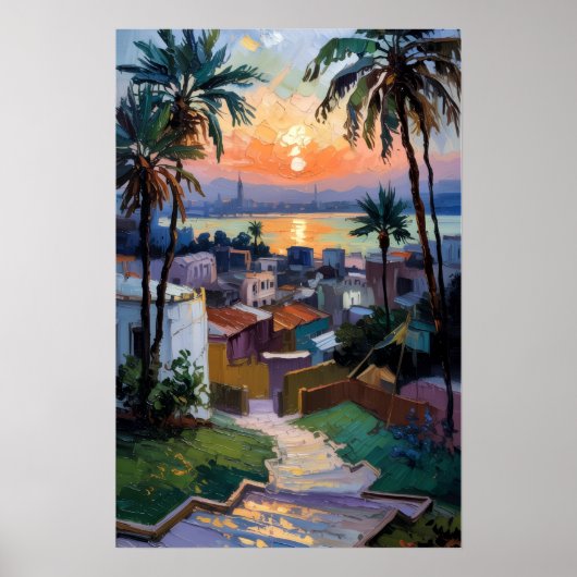 Gouden zonsondergang boven de kuststad poster (Voorkant)