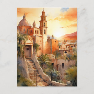 Gouden zonsondergang boven een koloniaal Mexicaans Feestdagenkaart