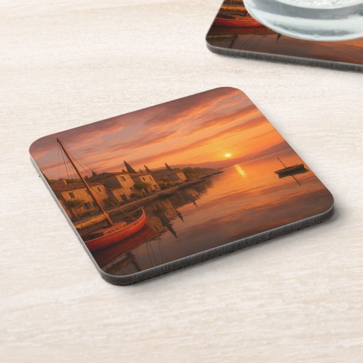 Gouden zonsondergang boven het kustdorp bier onderzetter (Linkerzijde)