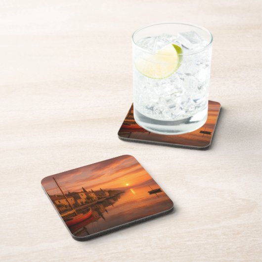 Gouden zonsondergang boven het kustdorp bier onderzetter (Rechterzijde)