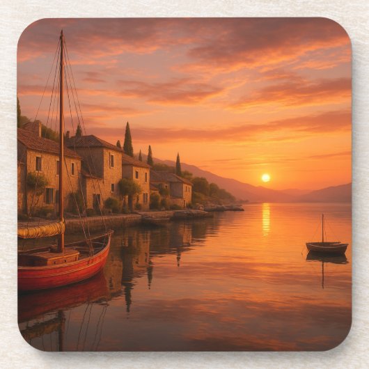 Gouden zonsondergang boven het kustdorp bier onderzetter (Voorkant)