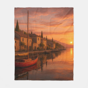 Gouden zonsondergang boven het kustdorp fleece deken
