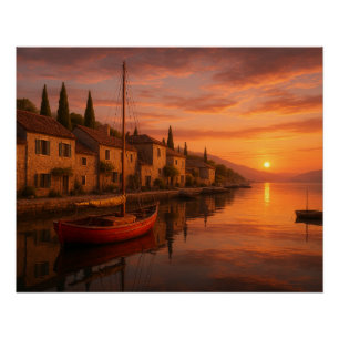 Gouden zonsondergang boven het kustdorp perfect poster