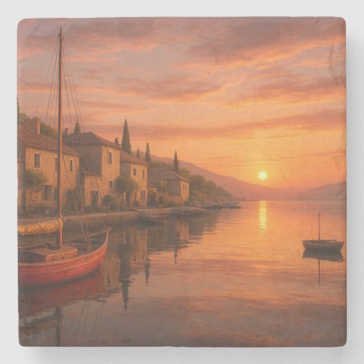 Gouden zonsondergang boven het kustdorp stenen onderzetter (Voorkant)