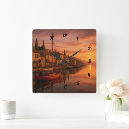 Gouden zonsondergang boven het kustdorp vierkante klok (Huis)