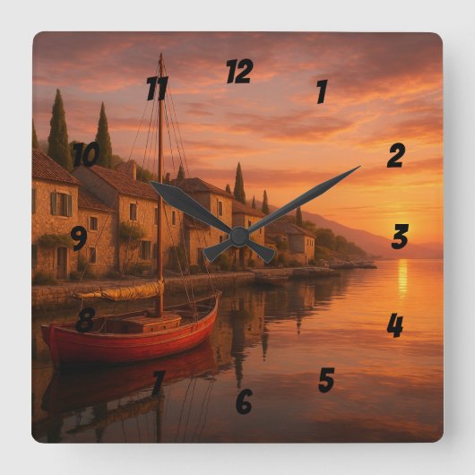 Gouden zonsondergang boven het kustdorp vierkante klok (Voorkant)