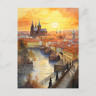 Gouden zonsondergang boven Praag Feestdagenkaart