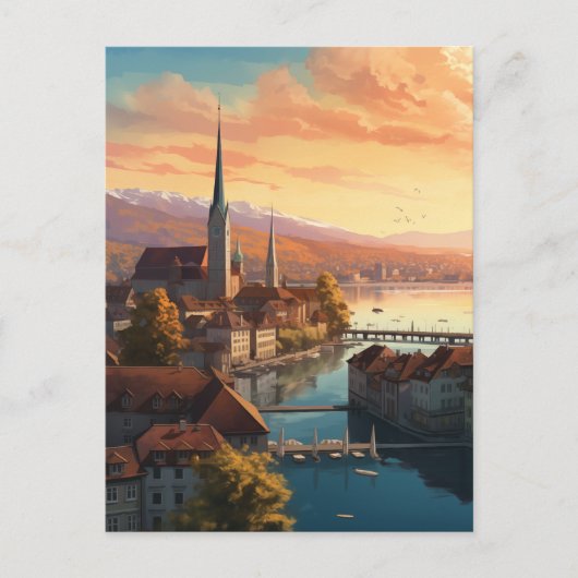Gouden Zonsondergang boven Zürich Feestdagenkaart (Voorkant)
