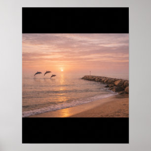 Gouden Zonsondergang Dolfijnen Strand Canvas Muur  Poster