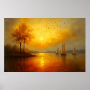 Gouden Zonsondergang met Herfstbomen en Zeilboten Poster