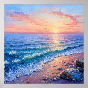 Gouden Zonsondergang Oceaan Zeegezicht Kalme Golve Poster