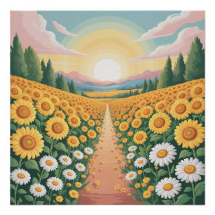 Gouden zonsondergang over een sereen zonnebloemvel perfect poster
