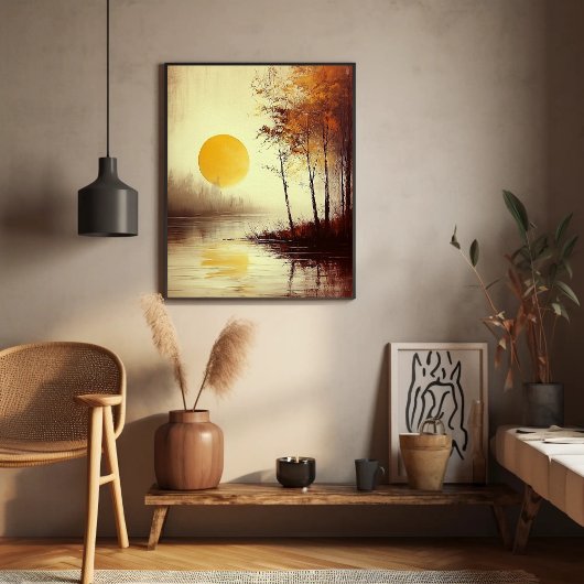 Gouden zonsondergang over het rustige meer met her poster