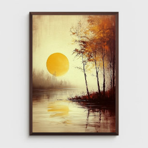 Gouden zonsondergang over het rustige meer met her poster