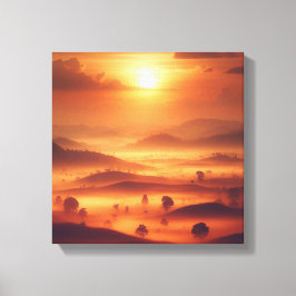 Gouden Zonsondergang Over Nevelige Heuvels Vintage Canvas Afdruk