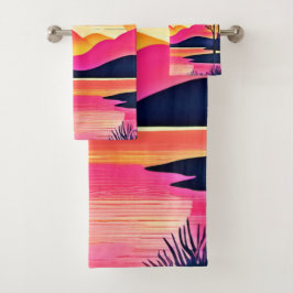 Gouden Zonsondergang Over Roze Meer Kunst Bad Handdoek