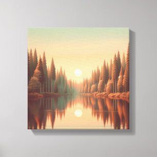 Gouden Zonsondergang Reflecties bij Stille Dennenm Canvas Afdruk