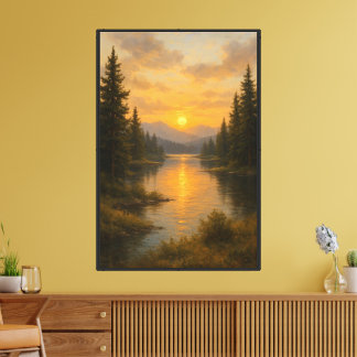 Gouden Zonsondergang Rivier Tussen Dennen Canvas Afdruk