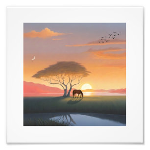 Gouden Zonsondergang Savanne Paard Vrede Thuis Foto Afdruk